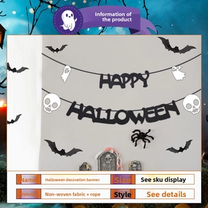 Detalle de pancarta de Halloween en tela no tejida con letras de Happy Halloween e iconos
