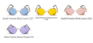 Retro steampunk round sunglasses in gold and silver frames with colorful tinted lenses