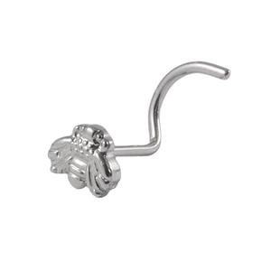 Polished silver G23 titanium nose stud with detailed 3D honeybee design on white background