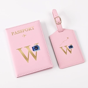 Pink PU leather passport holder and luggage tag set with golden letter W design
