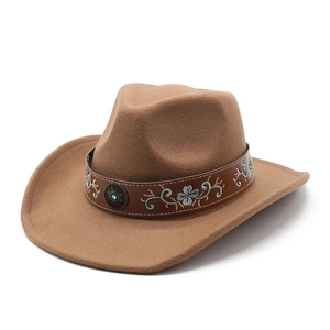 Classic brown felt cowboy hat with embroidered leather band and turquoise stud detail
