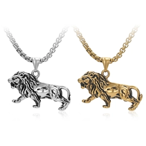 Lion Pendant Necklace Titanium Steel Animal King Walking Lion Punk Vintage Hip Hop Style Jewelry For Men Boys