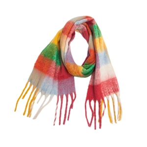 Multicolor rainbow plaid thickened soft boucle yarn scarf with long thick tassels