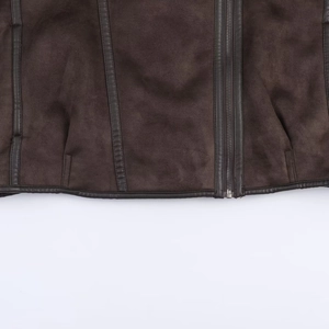 Deep brown faux suede jacket featuring detailed metal zipper and premium stitching texture