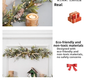 Christmas wreath detail with snowy pine cones, antlers and white berries for decor