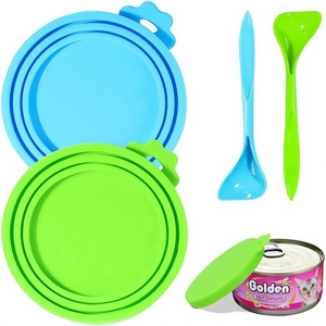 Silicone pet food can lids with spoons, featuring multi-size seal rings and high-grade material