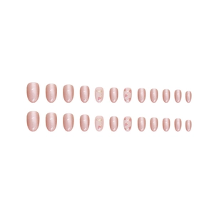 Pink cat-eye press-on nails with strawberry art and golden bows in an almond shape