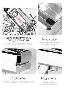 Detail view of silver money gun features including roller design and high capacity storage
