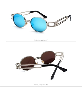 Detail view of steampunk oval sunglasses with metal frames and geometric hollow temples