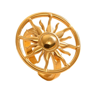 Detailed close-up of a golden sunflower ring with radiant rays and an open adjustable band