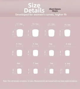 Size chart for 24pcs short square press-on nails with 12 specific measurements