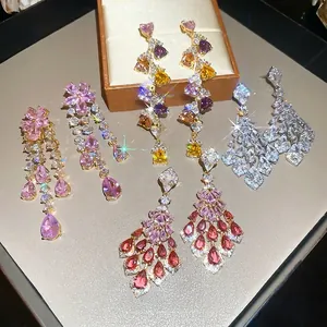 Heart Chandelier Drop Earrings With Multi Color Zircon And 925 Sterling Silver Earring Post Long Tassel Dangle For Women