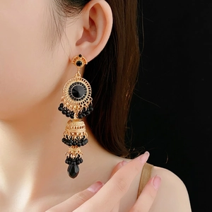 Vintage gold hollow bell earrings with black crystal rhinestones and beaded tassels