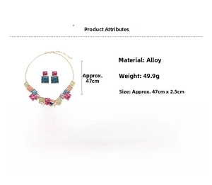Detail view of colorful geometric square jewelry set showing dimensions and alloy texture