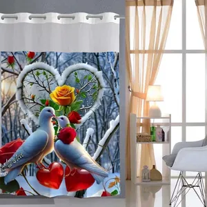Hookless Shower Curtain Polyester Waffle Fabric Waterproof Removable Liner Mesh Window Top Magnetic Bottom Abstract Art