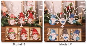 Detail of wooden Christmas gnomes with hemp ropes and beads for holiday tree decor