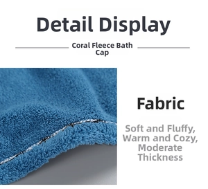 Close-up of blue coral fleece hair towel wrap showing soft fluffy fabric texture and thickness