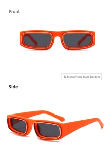 Front and side views of vintage orange small rectangular sunglasses with dark lenses