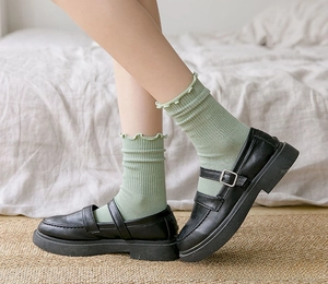 Close-up of light green knit socks with ruffle edges paired with black Mary Jane shoes