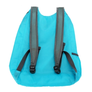 Lightweight foldable outdoor backpack in cyan blue with breathable grey mesh shoulder straps