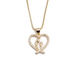 Golden heart necklace with mother-child silhouette pendant and sparkling crystals