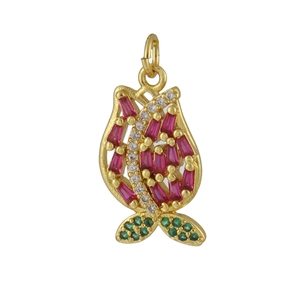 Macro detail of tulip pendant with red gems and zircons in 18K gold-plated copper