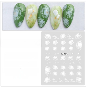 Macro view of ultra-thin floral nail stickers with white rose patterns and model JO-1947