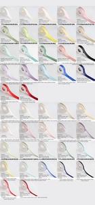 Detail showing 40+ colors and size specifications of matte cotton ribbons for gift packing