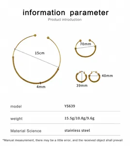 Detailed view of gold stainless steel mesh jewelry set with dimensions and product specs