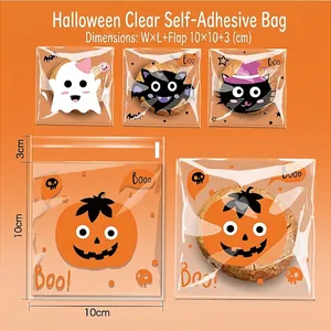 Halloween self-adhesive candy bags with cartoon ghost and pumpkin patterns, size 10x10+3cm