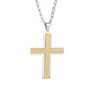 Minimalist stainless steel cross pendant necklace with gold frosted center on silver chain