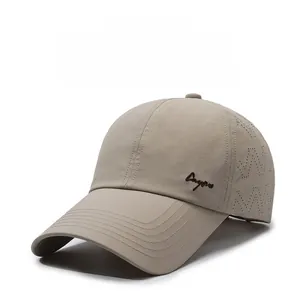 Detail view of khaki quick-dry baseball cap featuring breathable mesh holes and Cagro embroidery