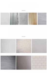 Wall compatibility guide for drill-free storage rack showing suitable smooth surfaces