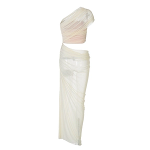 Detail of ivory mesh tiered dress featuring asymmetrical neckline and waist cut-out