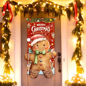Christmas Gingerbread Man Door Banner Polyester Hanging Flag With Wood Pole Outdoor Party Home Wall Holiday Decoration