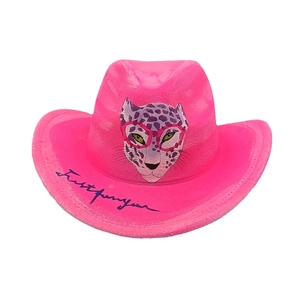 Detail of hot pink cowboy hat featuring a leopard print with glasses and script text