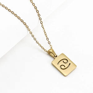 Détail macro d'un collier en acier inoxydable 18K avec pendentif signe Cancer ajouré