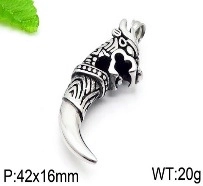 Close-up of wolf head pendant in aged silver finish with size and weight measurements