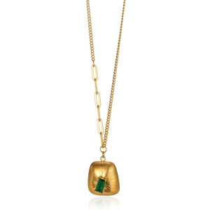 18K gold stainless steel necklace featuring green zircon pendant and asymmetric chain