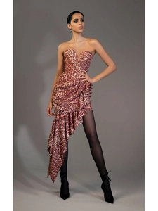 Detail of leopard print strapless dress with asymmetric ruffled hem and wild chic texture