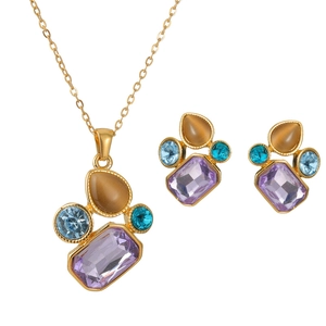 Set gioielli lusso in acciaio inossidabile con ciondolo geometrico e zirconi colorati