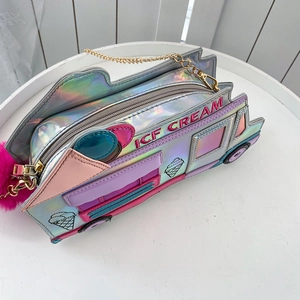 Detail of laser holographic ice cream truck bag with metallic chain and fuzzy ball charm