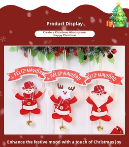 Detailed view of plush Christmas ornaments with Santa, snowman, reindeer and metal bells