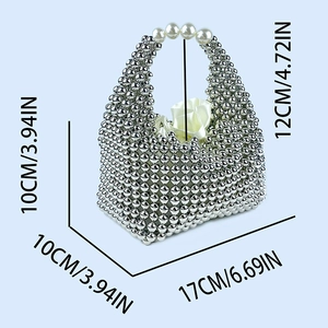 Detailed dimensions of silver beaded handbag with pearl handle, 17x10x10cm size view