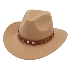 Classic camel western cowboy hat with brown studded leather belt and silver rivet accents