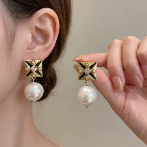 Vintage Baroque Square Artificial Pearl Drop Earrings With Rhinestone Black Enamel Alloy Jewelry For Women Silver Earring Post