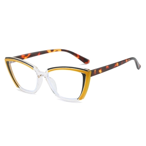 Cat eye glasses with clear TR frame, yellow top accents and tortoise shell temples