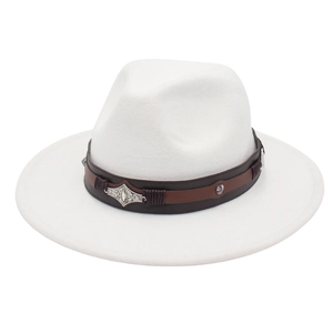 Close-up of white wide brim felt hat with dark brown band and retro silver metal buckle