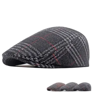 British style wool blend plaid flat cap for men with vintage checkered pattern design