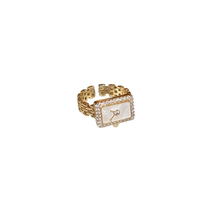 Gold plated square watch shaped ring with white dial and chain style adjustable band